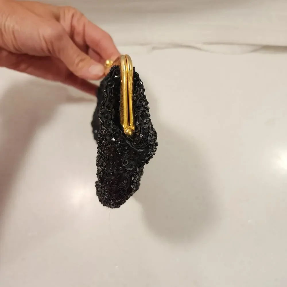Vintage Black Beaded & Sequin  Gold Trim Small Clutch Purse-party- wedding